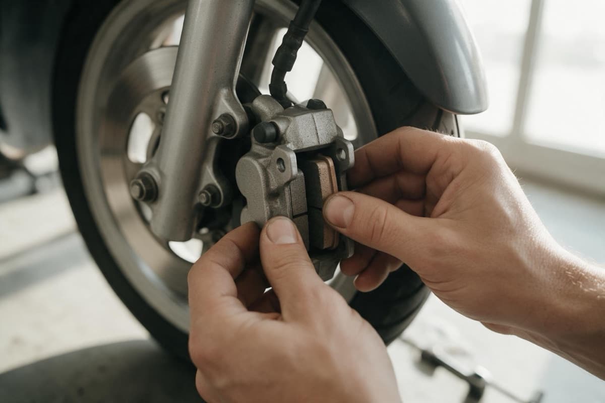 A mechanic fitting new brake pads into a scooter's front caliper
