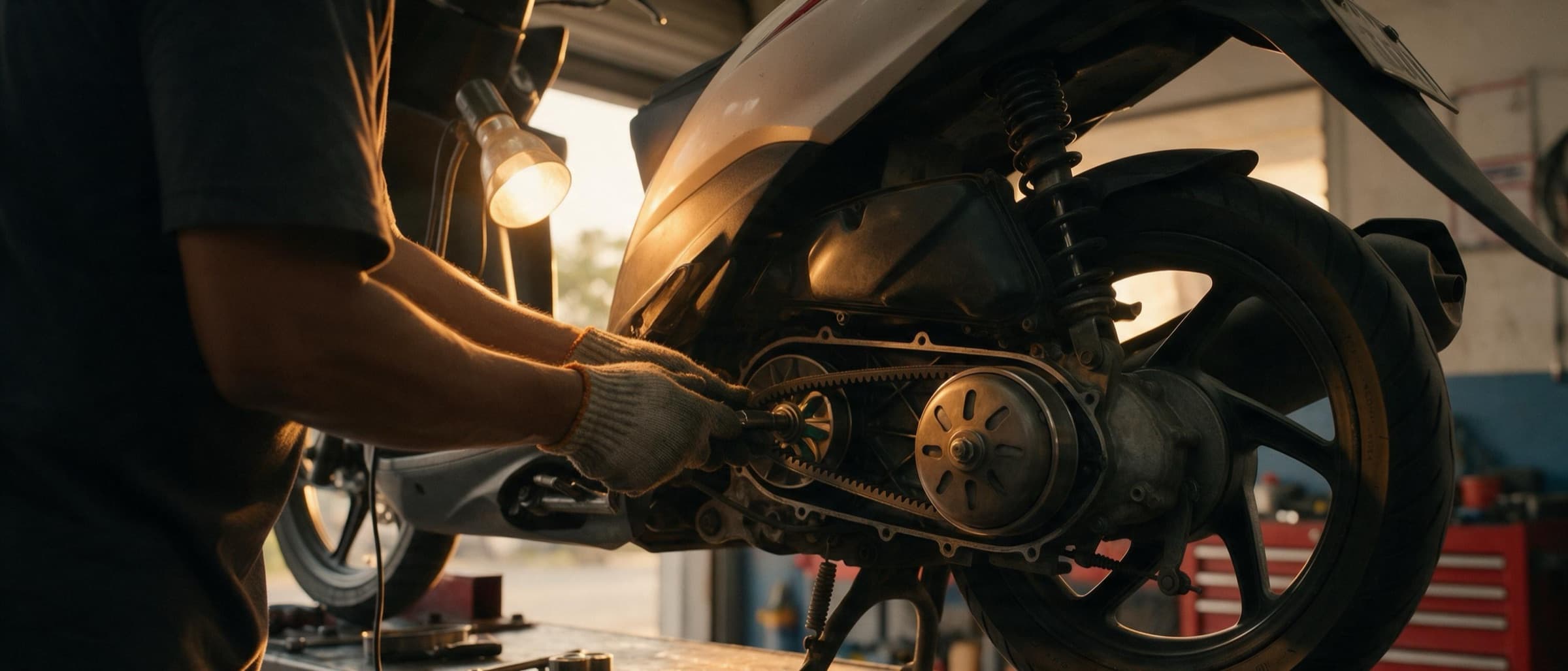 A mechanic's hands working on an open scooter drive belt