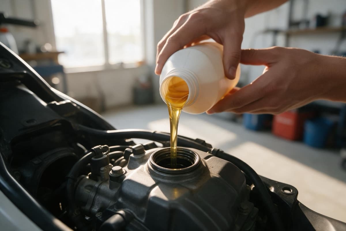 Fresh engine oil being poured into a scooter engine