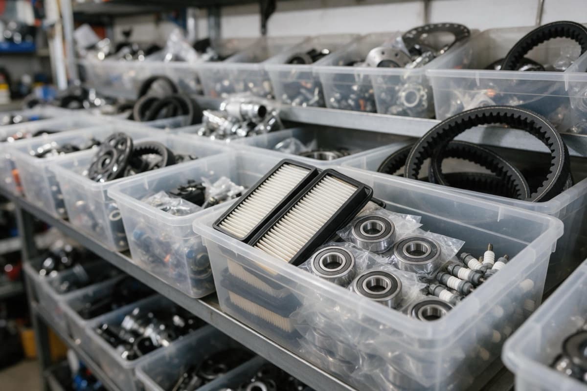 Bins of new air filters, bearings and drive belts on a parts shelf