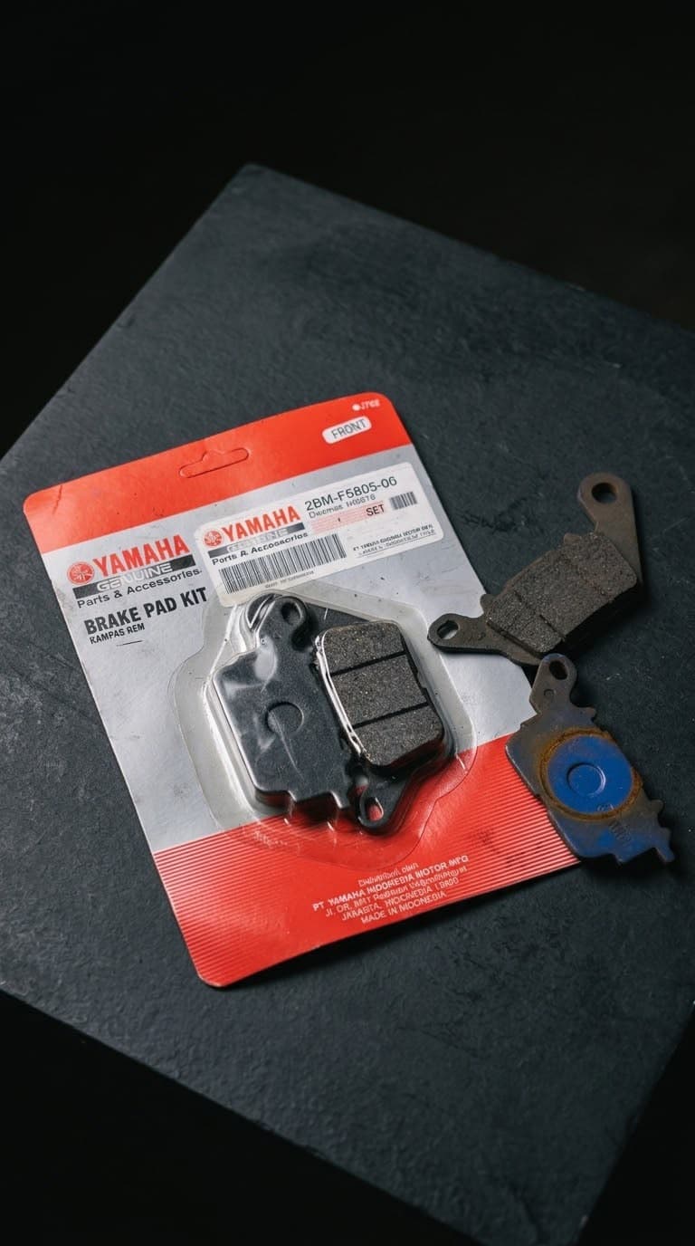 A new Yamaha genuine brake pad kit beside a worn pair of pads