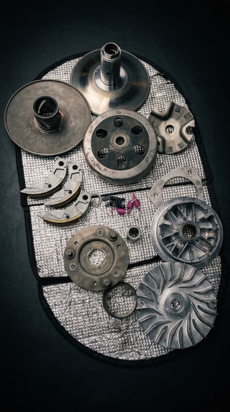 A scooter's CVT taken apart on a mat: pulleys, clutch bell, shoes and springs