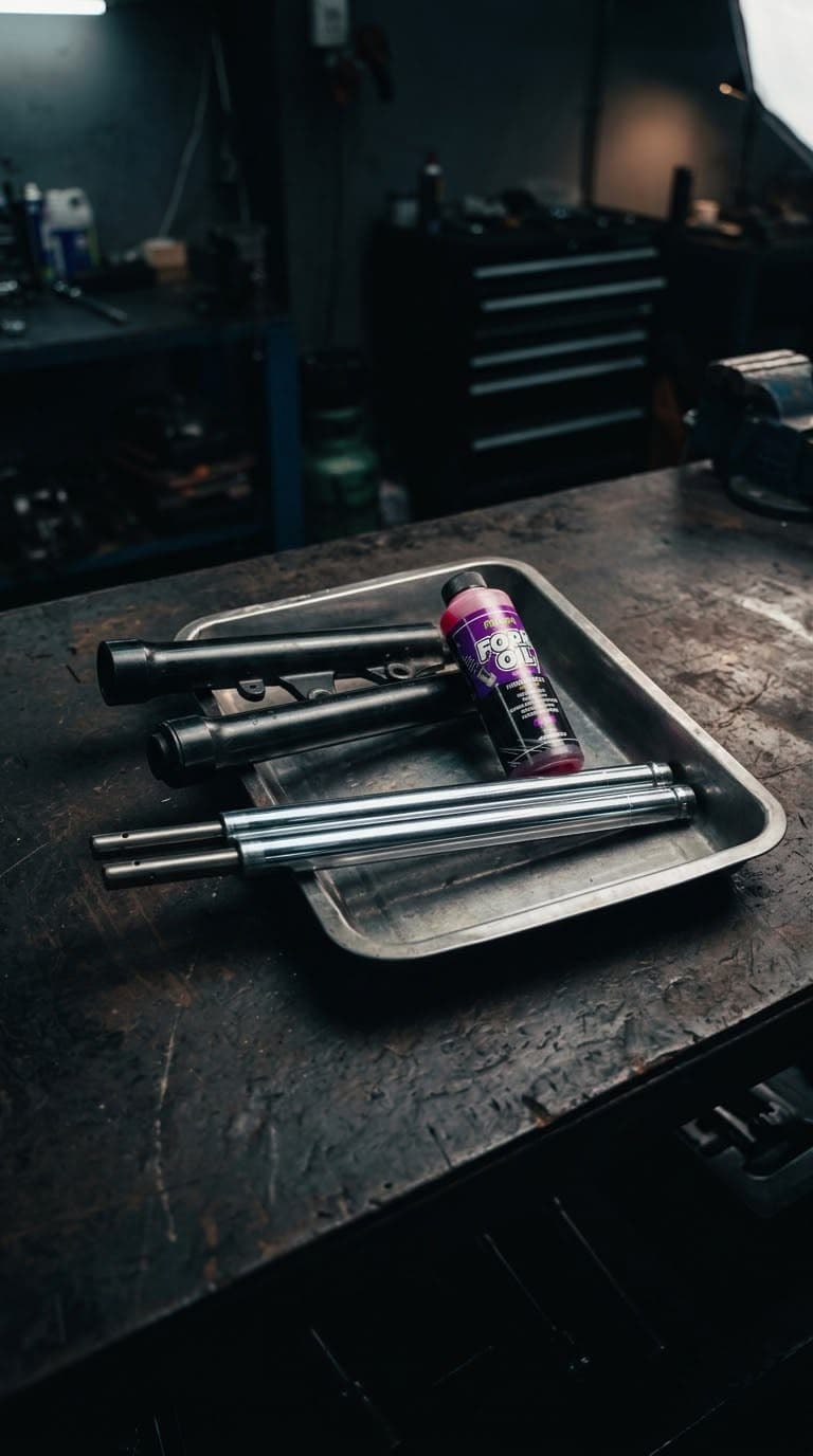 Fork tubes and a bottle of fork oil in a drip tray on the bench