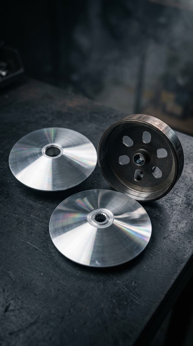 Two freshly machined pulley faces beside a clutch bell