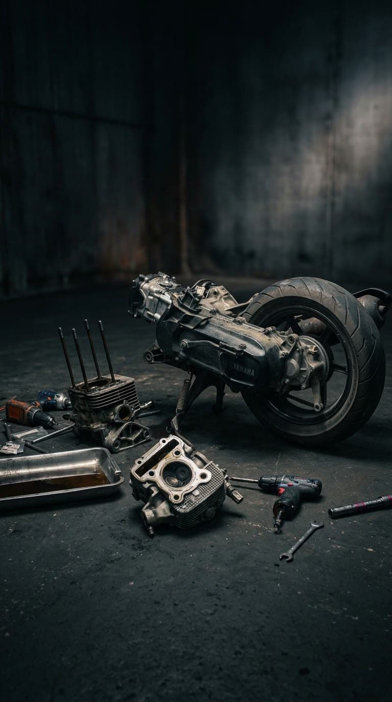 A scooter engine stripped on the floor, its cylinder and head beside it