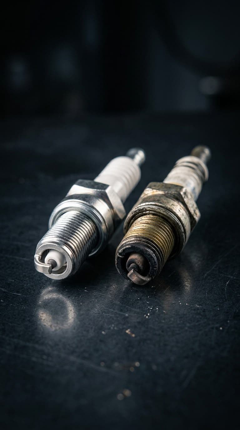 A new spark plug beside a worn, fouled one