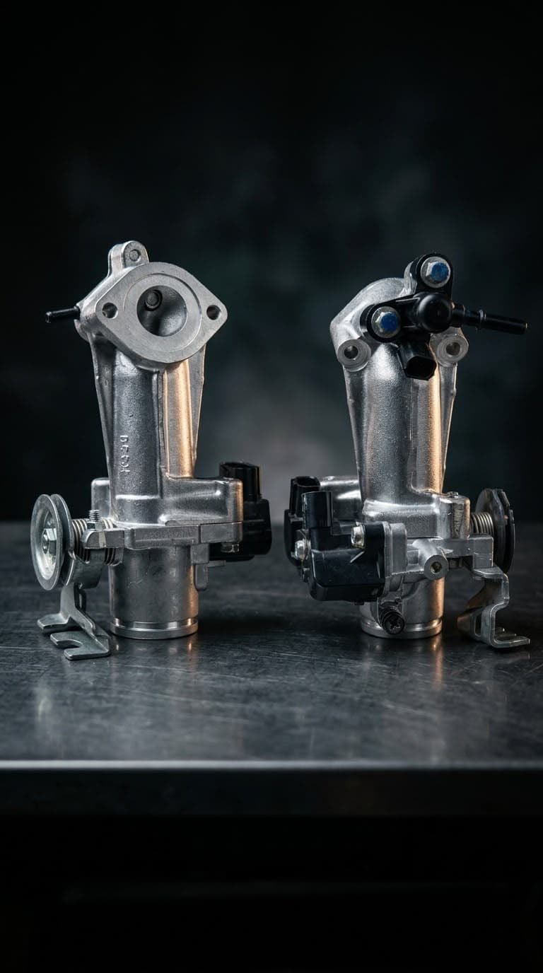 Two scooter throttle bodies side by side on a workbench
